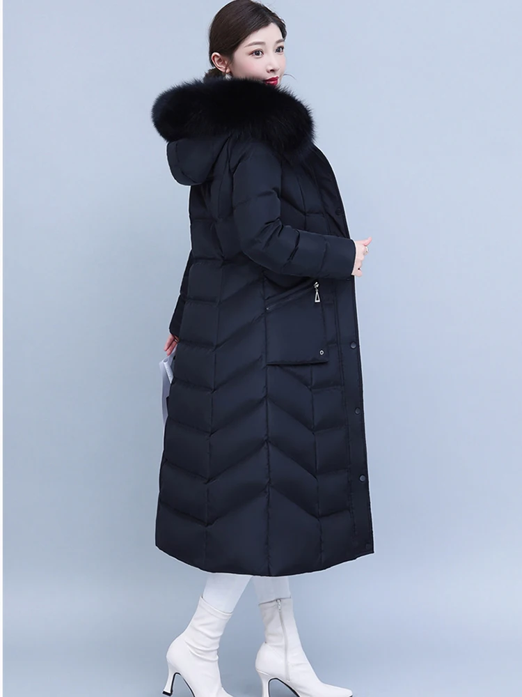 New Women Long Down Coat Winter Fashion Detachable Real Fox Fur Collar Thicken Warm White Duck Down Jacket Slim Hooded Overcoat