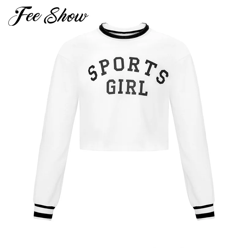 

#6-14 Kids Girls Cotton Casual Top T-shirt Clothing Long Sleeve Round Neckline Letter Print Striped Crop Top T-shirt Sports Wear