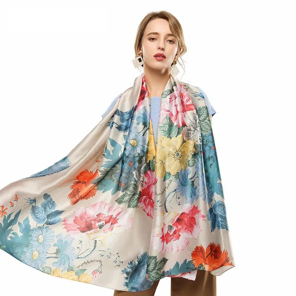 

180*90CM Summer Silk Square Scarf Women Designer Floral Print Satin Scarves for Lady Foulard Bandana Scarfs Female Neckerchief