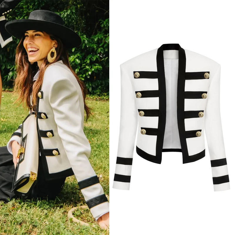 

S-XL High Quality 2022New Fashion Black And White Stitching Striped Metal Button Decoration Long-Sleeved Woman Jacket Coat
