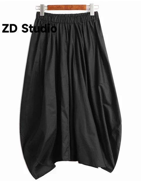 

[ZD Studio] High Elastic Waist Black Pleated Irregular Casual Half-body Skirt Women Tide New Spring Autumn 2023