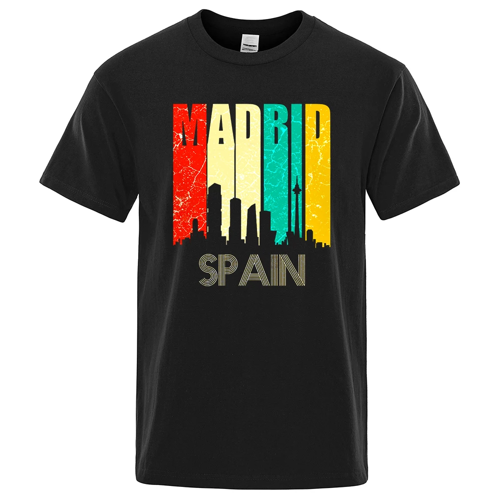 

Madrid Spain Skyline Mens T-Shirts Street Hip Hop Loose Tops Creativity Breathable Anime Cotton Oversized Short Sleeve T-Shirts