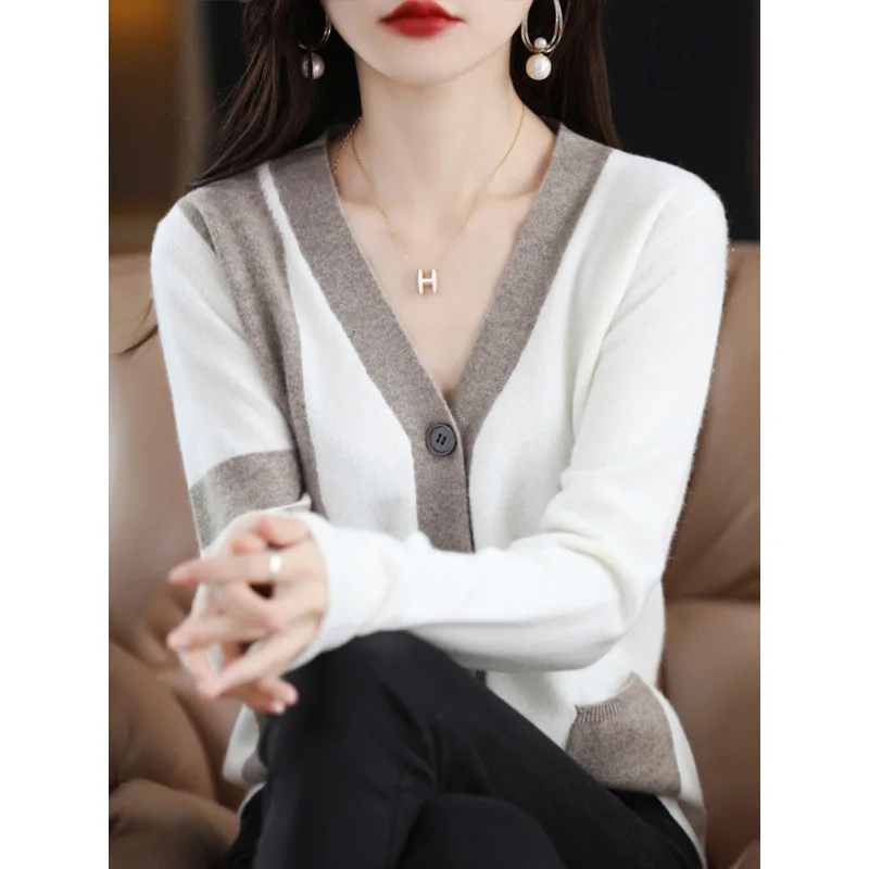 

Autumn Winter 2023 Loose Thin Cardigan Women's V-neck Lady's Long Sleeve Sweater Cardigan Versatile Wool Knitted Jacket