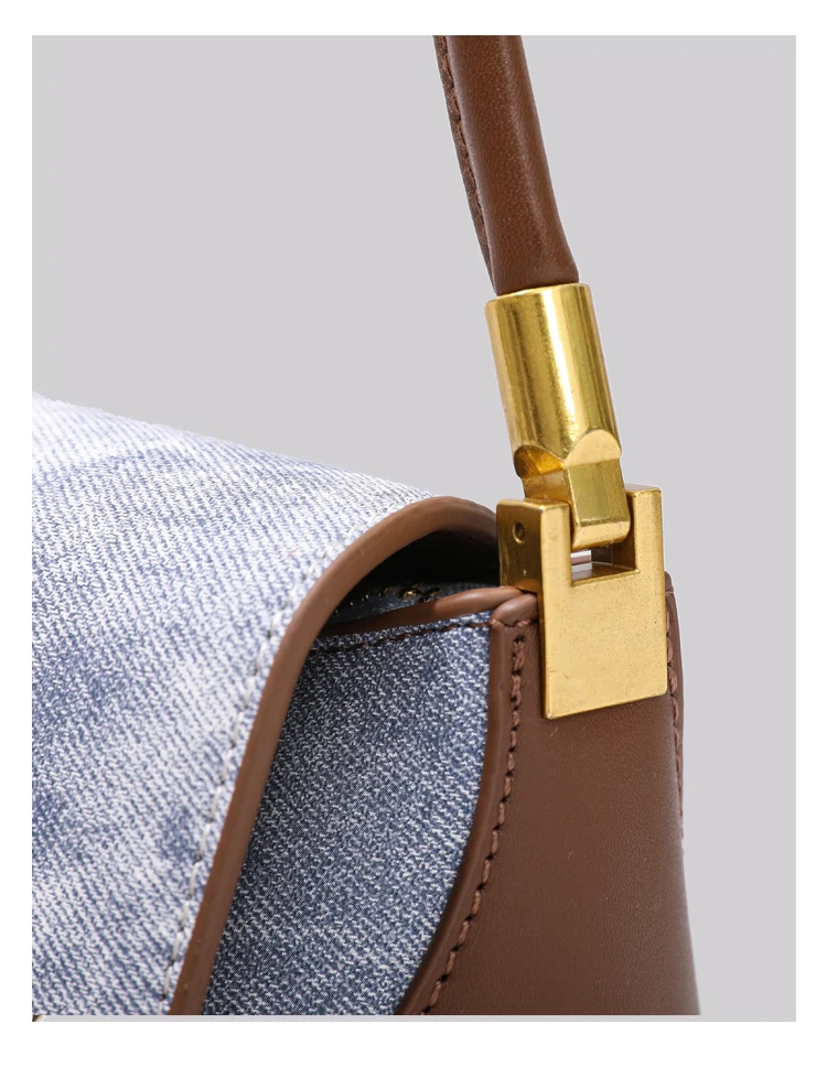 Elmsk 2022 Fashion Armpit Bag Women French Vintage Denim And Leather Patchwork Square Bag