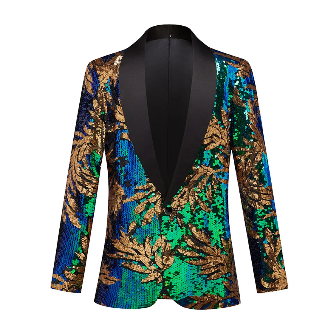 

Luxury Green Gold Sequins Blazer Jacket Men Slim Fit Shawl Lapel Suit Jacket Mens Casual Wedding Party Stage Singers Costumes