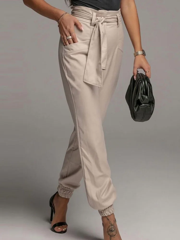 

Female Casual All Match Cargo Pant New Office Fashion Slim Waist Long Trouser Summer Elegant Tie Belt Pocket Solid Straight Pant