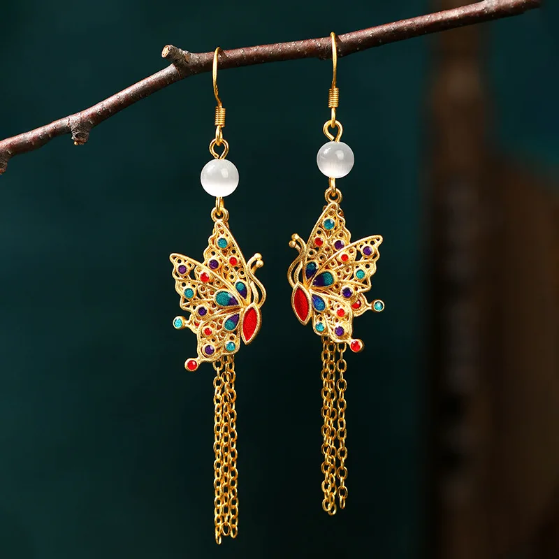 

Chinoiserie style retro antique gold inlaid anti chalcedony colored glaze butterfly retro tassel dopamine earrings female