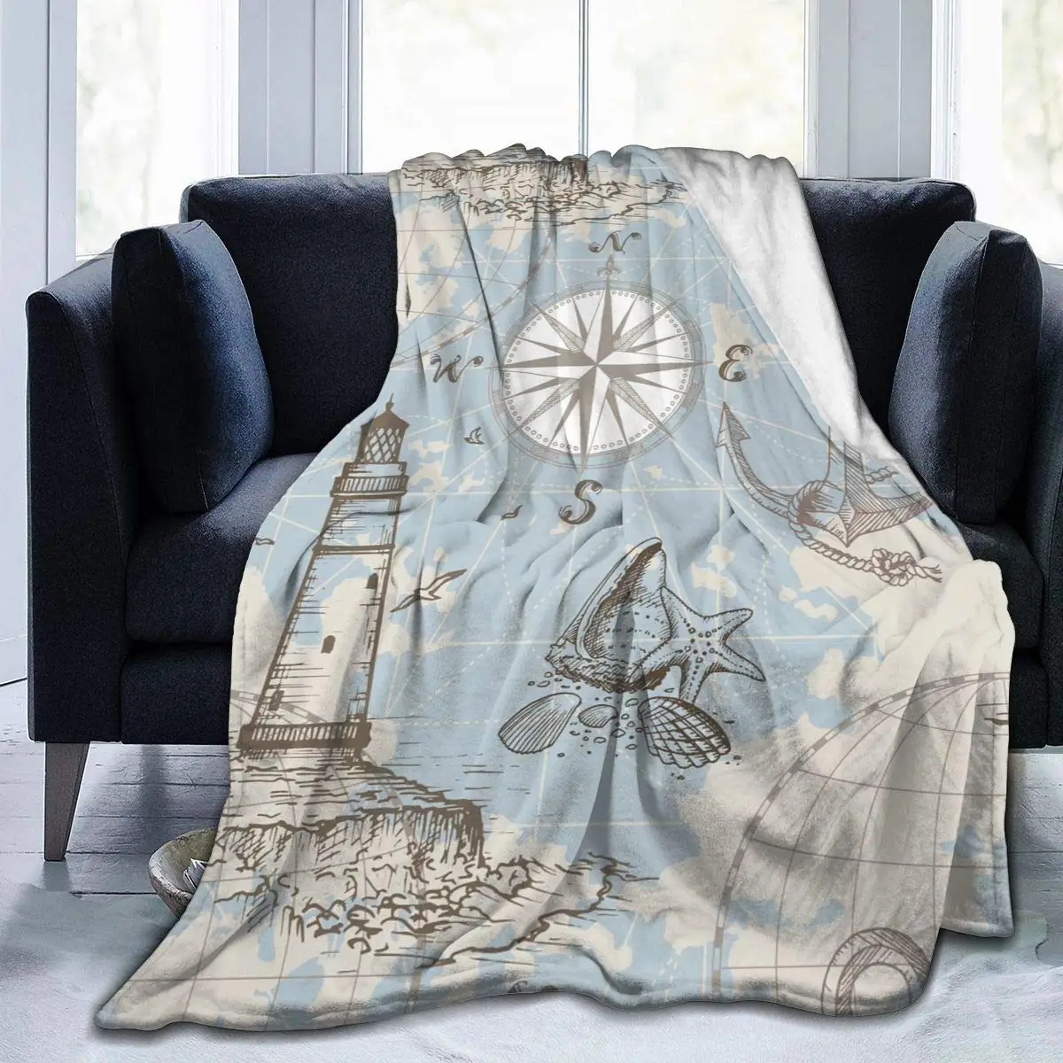 

Flannel Twin Size Blanket Sea Map Lighthouse Anchor Plush Warm Bed Blanket Soft Throw Blanket fits Couch Sofa Microfiber