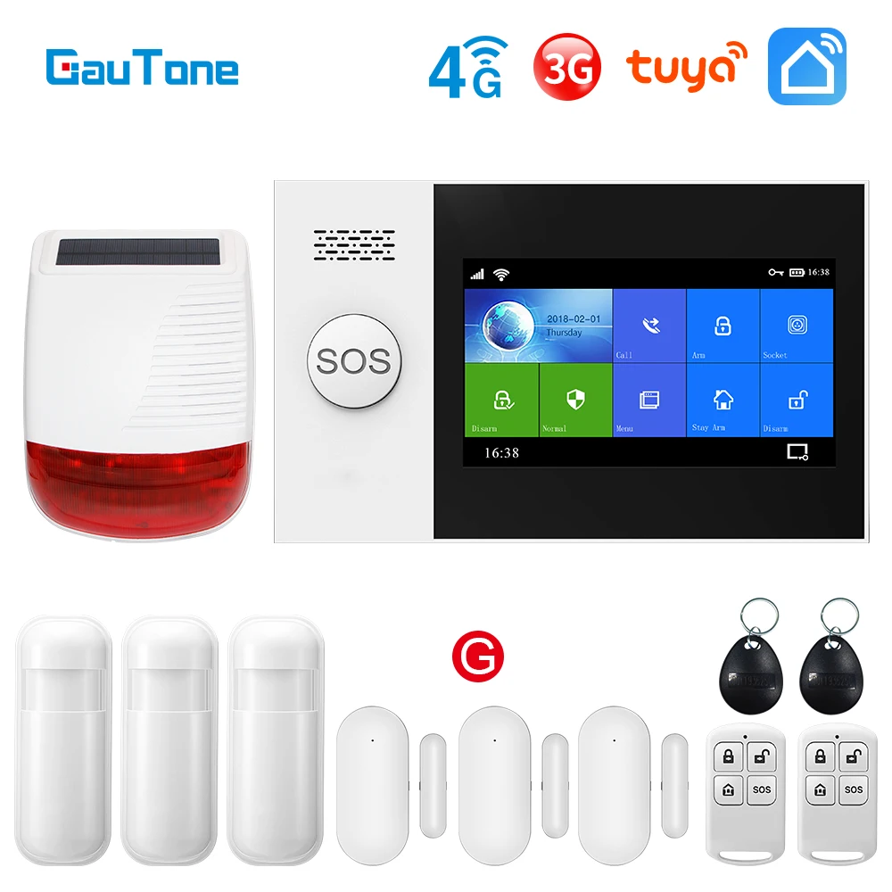 GauTone PG107 WiFi 4G 3G Alarm System for Home Security with PIR Wireless Solar Siren Support Tuya Remote Control