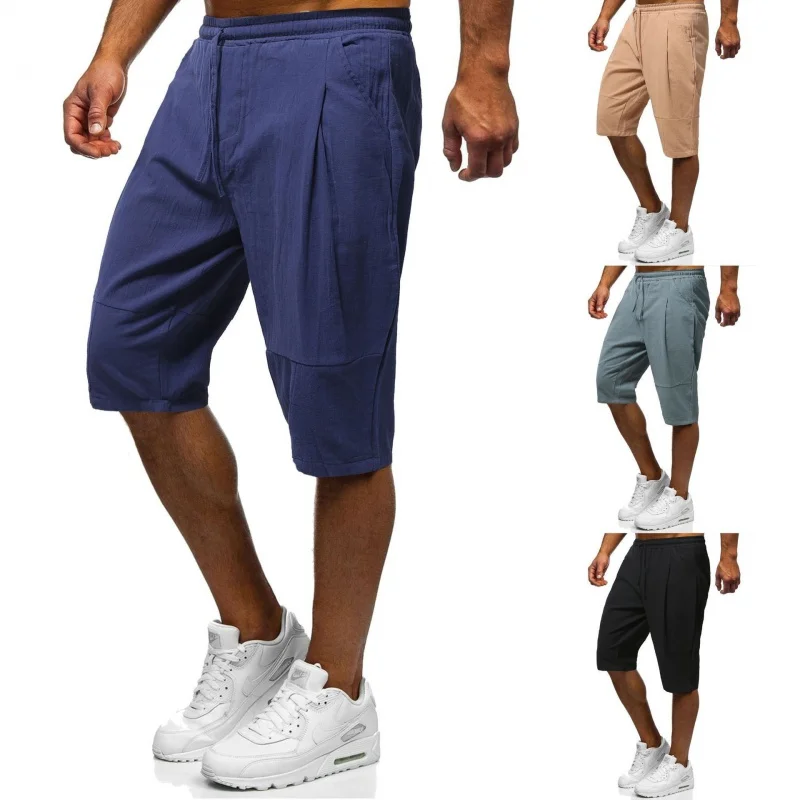 

2022New Men's Solid Color Loose Cotton Linen Cropped Pants Youth Fashion Casual Sports Straight Pants Men's Casual Sports Pants