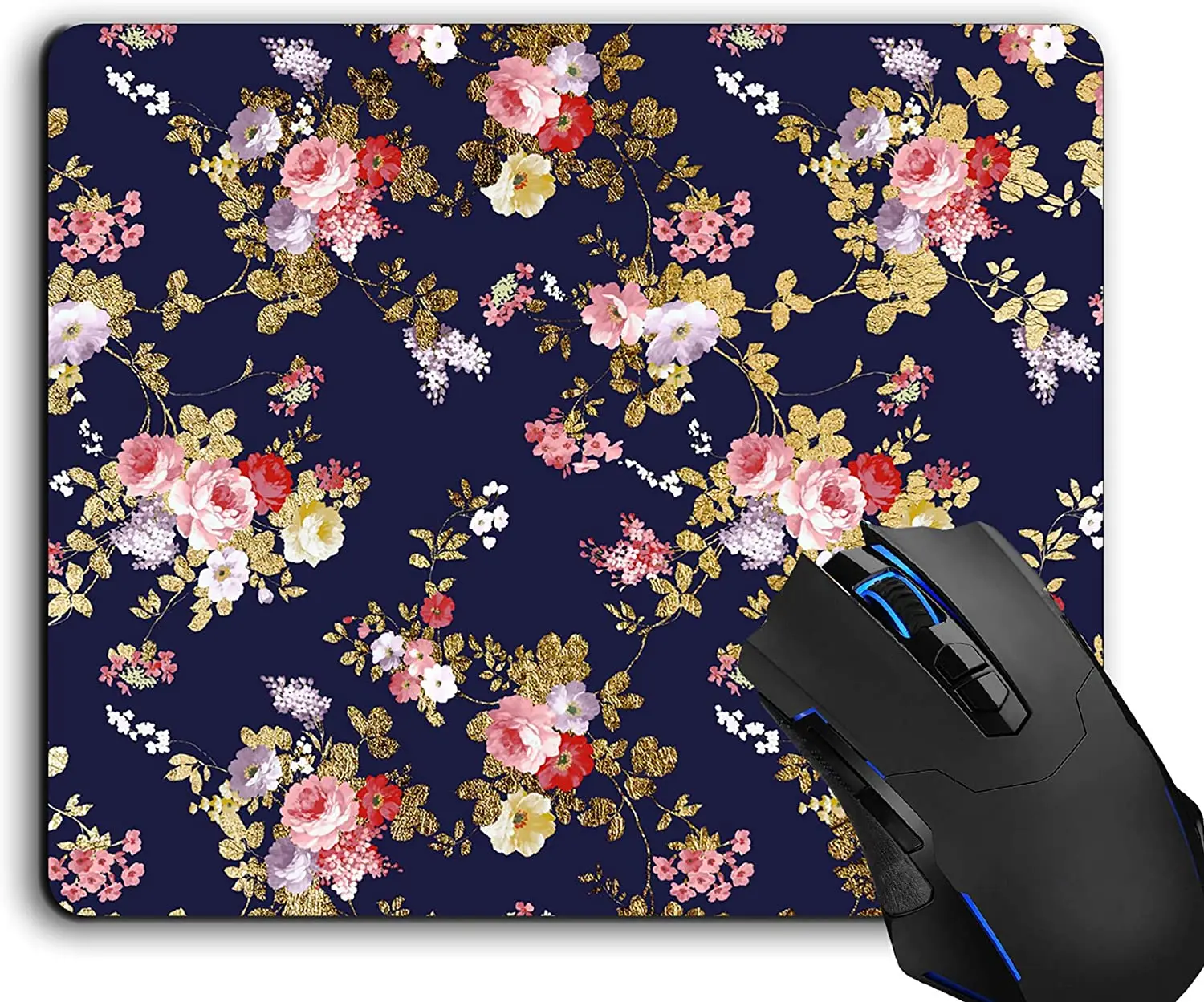 

Mouse Pad Navy Blue Pink Gold Boho Floral Computer Mouse Pads Desk Accessories Non-Slip Rubber Base Mousepad for Laptop Mouse