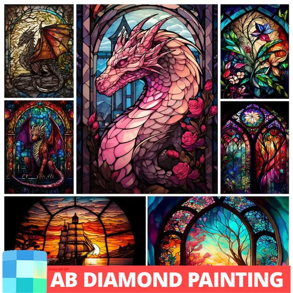 

5D DIY AB Drills Diamond Painting Gothic Stained Glass Forest Flower Boat Animal New Embroidery Fantasy Full Drill Cross Stitch