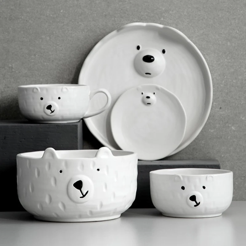 

Japanese Ceramic Dishes Cute Cartoon Polar Bear White Plate Simple Bowls Kitchen Food Tableware Coffee Cup Fruit Saucer Utensil