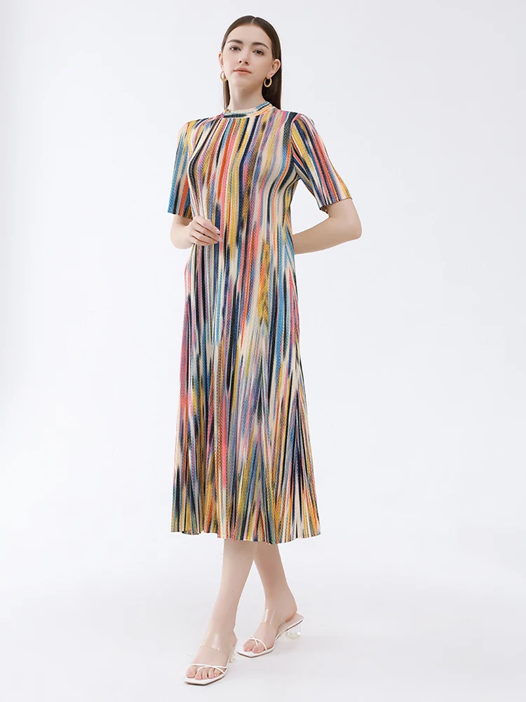 

Miyake Pleated Camo Printed Half High Collar Back One Button Short Sleeve Dress Women 2023 Korean Casual Long Designer Clothes