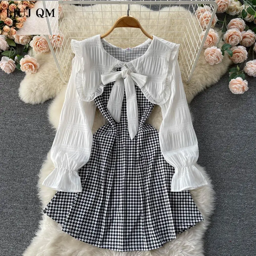 

New Women Sweet Plaid Dress Spring Autumn Korean Peter Pan Collar Long Sleeve Bow Preppy Style A-line Short Dress Vestidos 2022