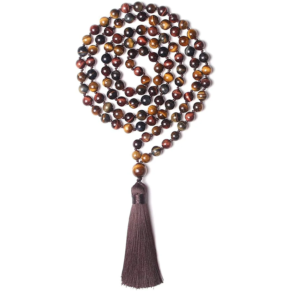 

108 Mala Beads Tiger Eye Stone Knotted Tassel Necklace 8mm Natural Stone Sweater Chain Meditation Long Necklace