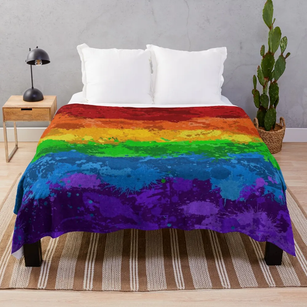 

Rainbow Paint Splatter Flag Throw Blanket flannel Summer blanket floral throw blanket