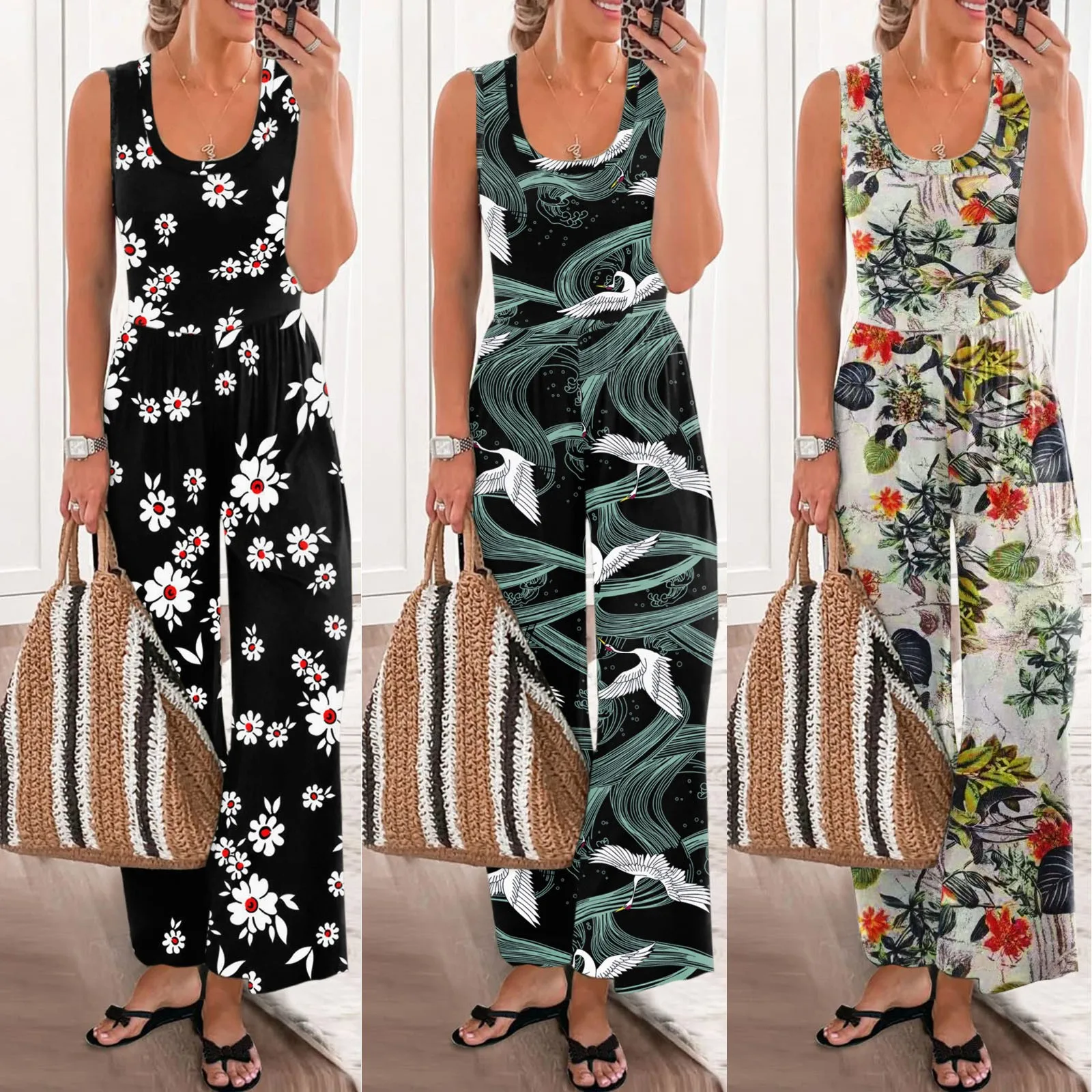 

Sexy Tropical Romper Women Elegant U-neck Sleeveless High Waist Jumpsuit Female Bib Loose Wide Leg Playsuits Summer Fashion