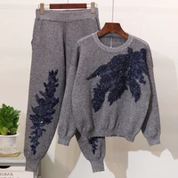new embroidered sequin sets for women o neck casual long sleeve tops high waist pants print two piece set female fashion new