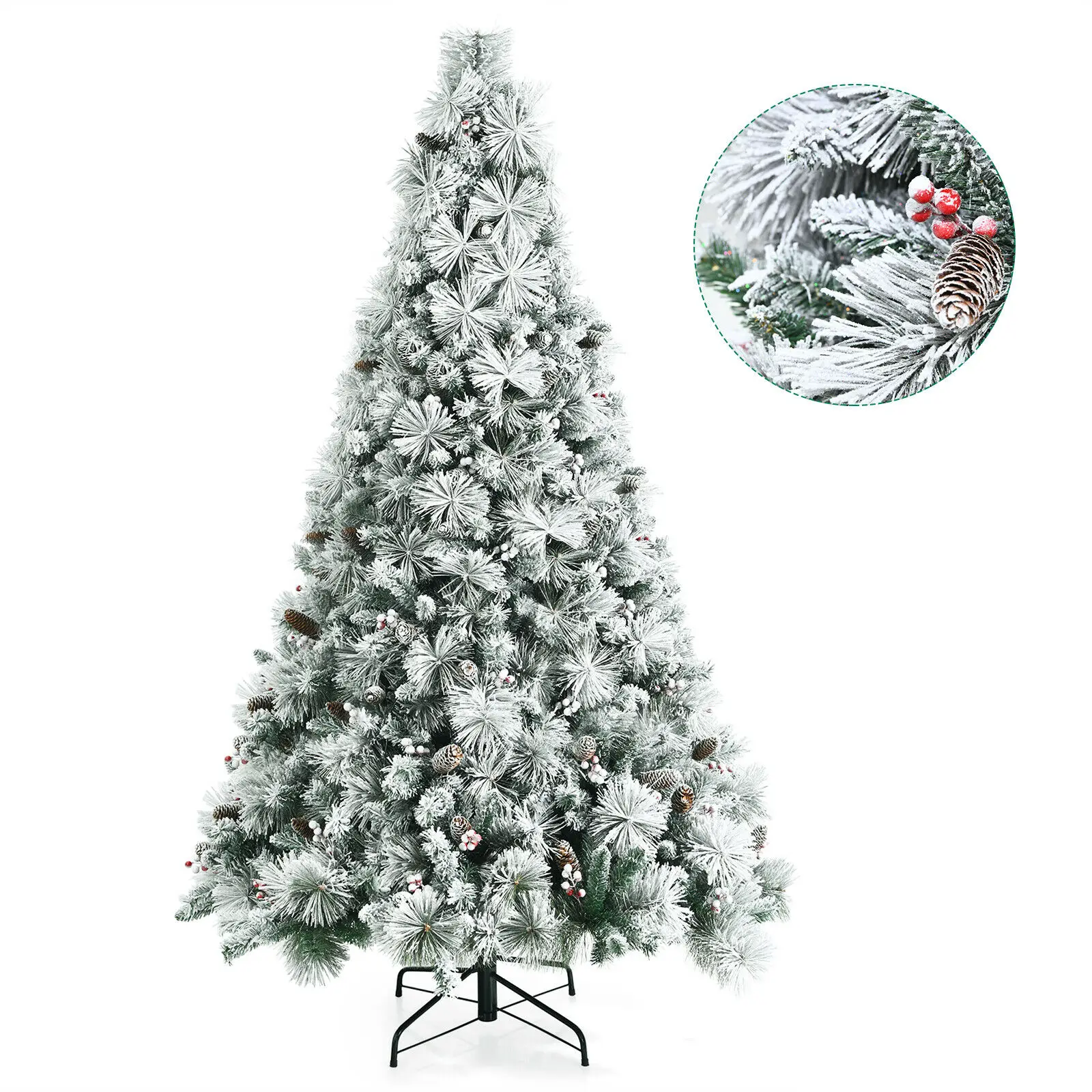 

Costway 7ft Snow Flocked Christmas Tree Glitter Tips w/ Pine Cone & Red Berries CM23590
