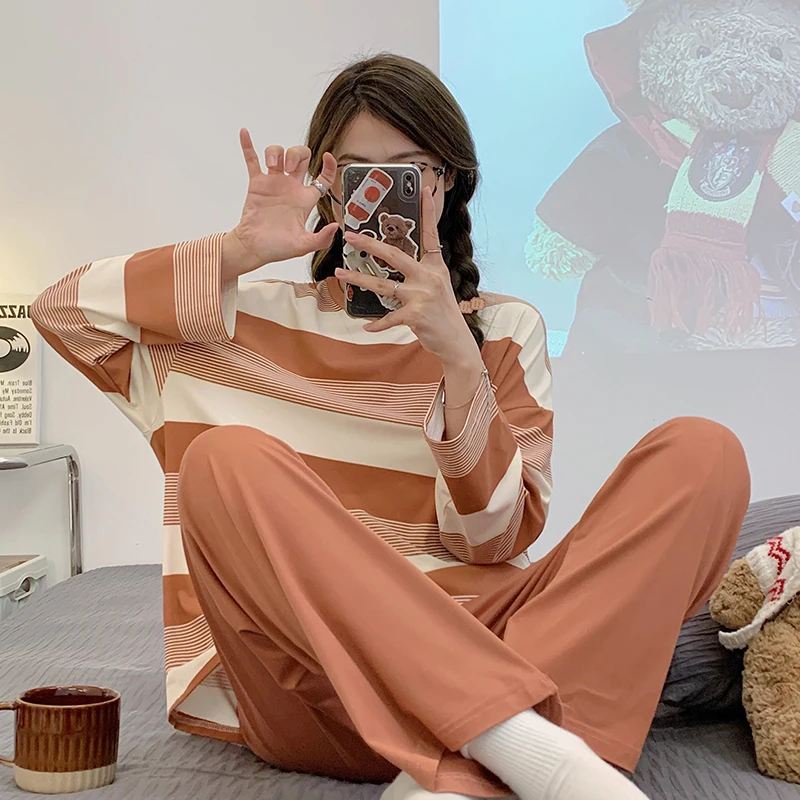 CAIYIER 2023 Korean Stripe Cute Nightwear O-Neck Long Sleeve Pants Sleepwear Suit Sweet Clothes For Women Lingerie Loungewear