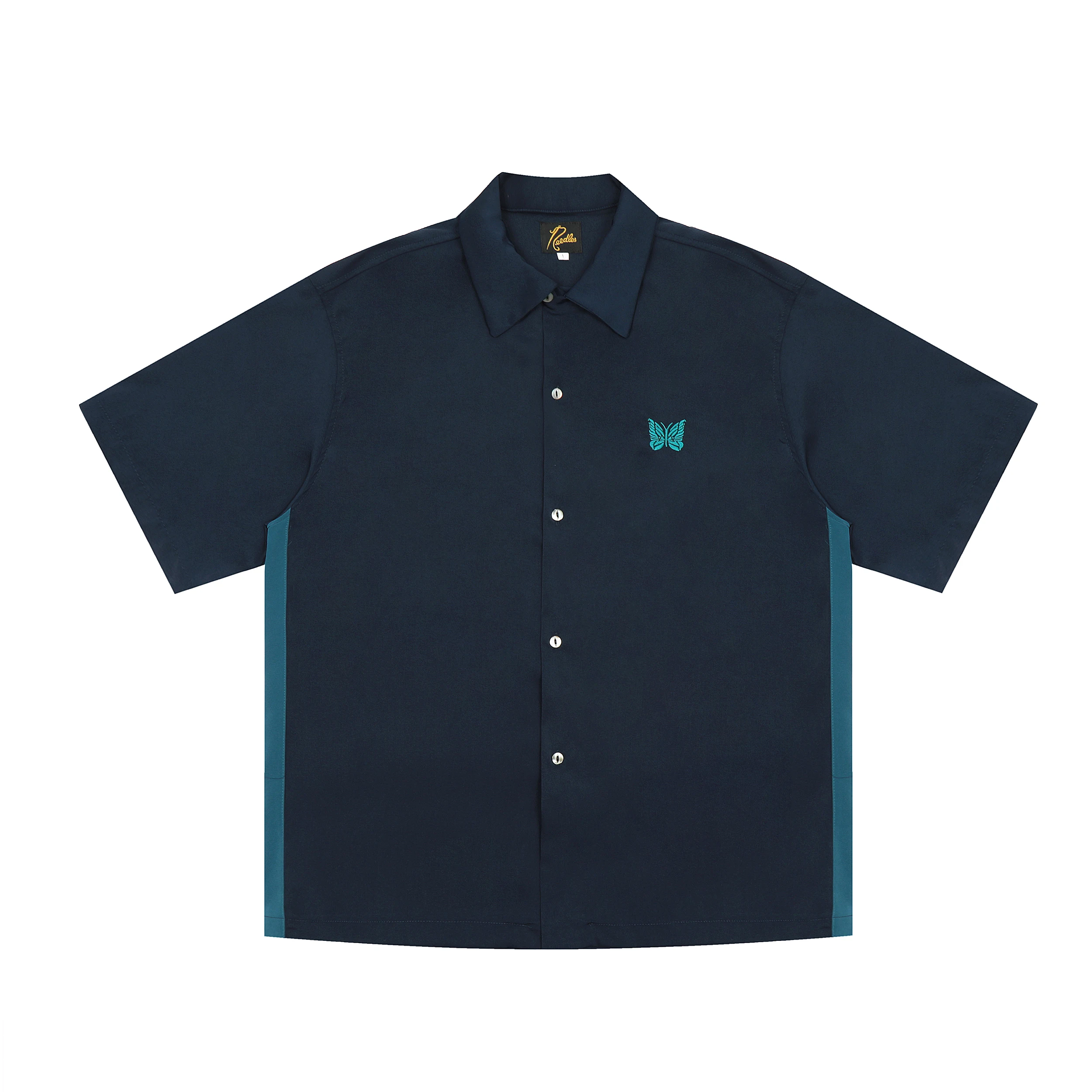 Oversized 2023 New Dark Blue Needles Lapel Shirts Men Women 1:1 Blue Embroidery Butterfly AWGE Needles Shirt Short Sleeve Blouse