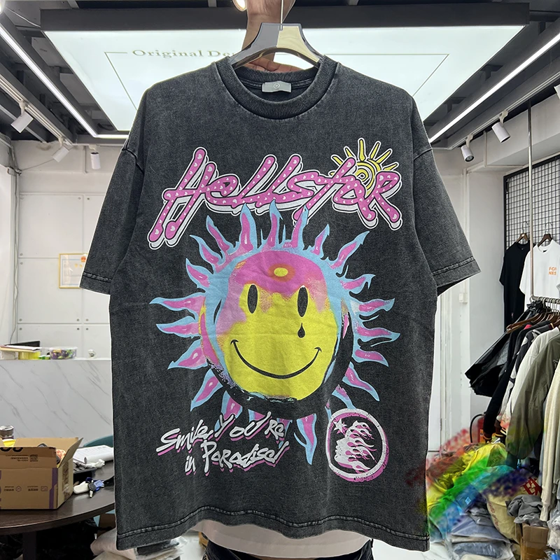 

Oversized Vintage T-Shirt Men Women High Quality Nice Washed Sun Smiley Face T Shirt Tops Tee