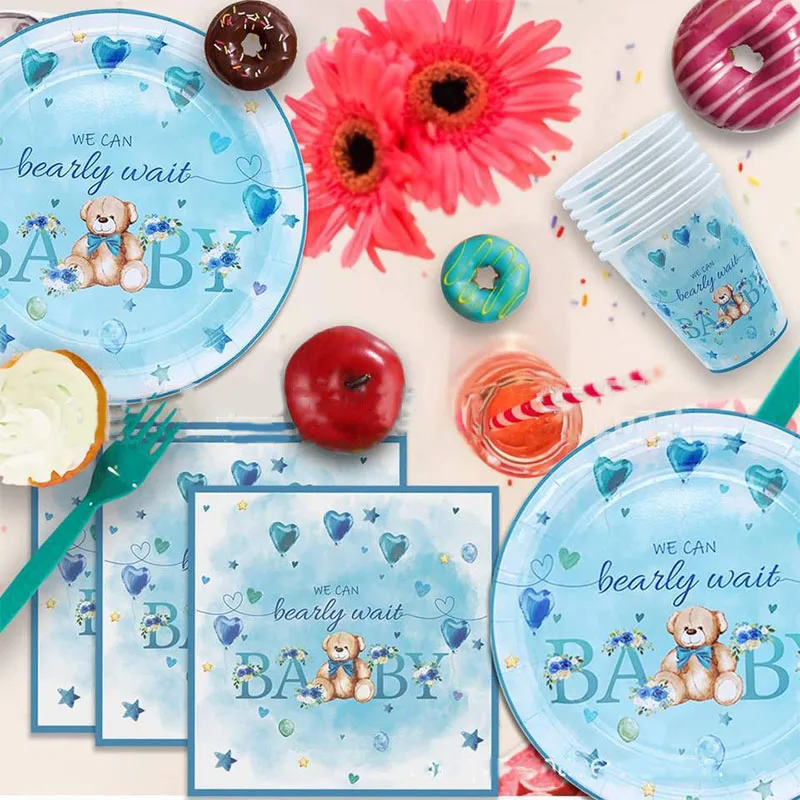 

Cute Teddy Bear Disposable Tableware Blue Bear Plates Kids Baby Boy Girl Happy Birthday Party Decor Baby Shower Supplies