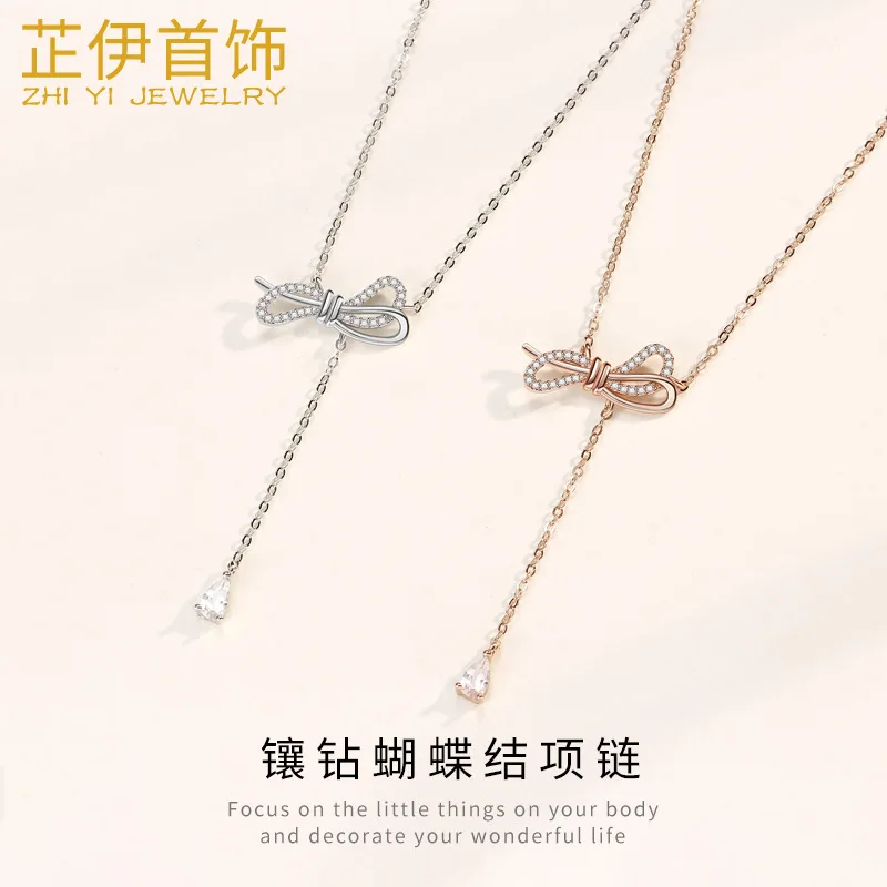 

Web Celebrity Hot Style Joker Adorn Article 925 Sterling Silver Light Set Auger Bowknot Tassel Necklaces Fashion Luxury Chain