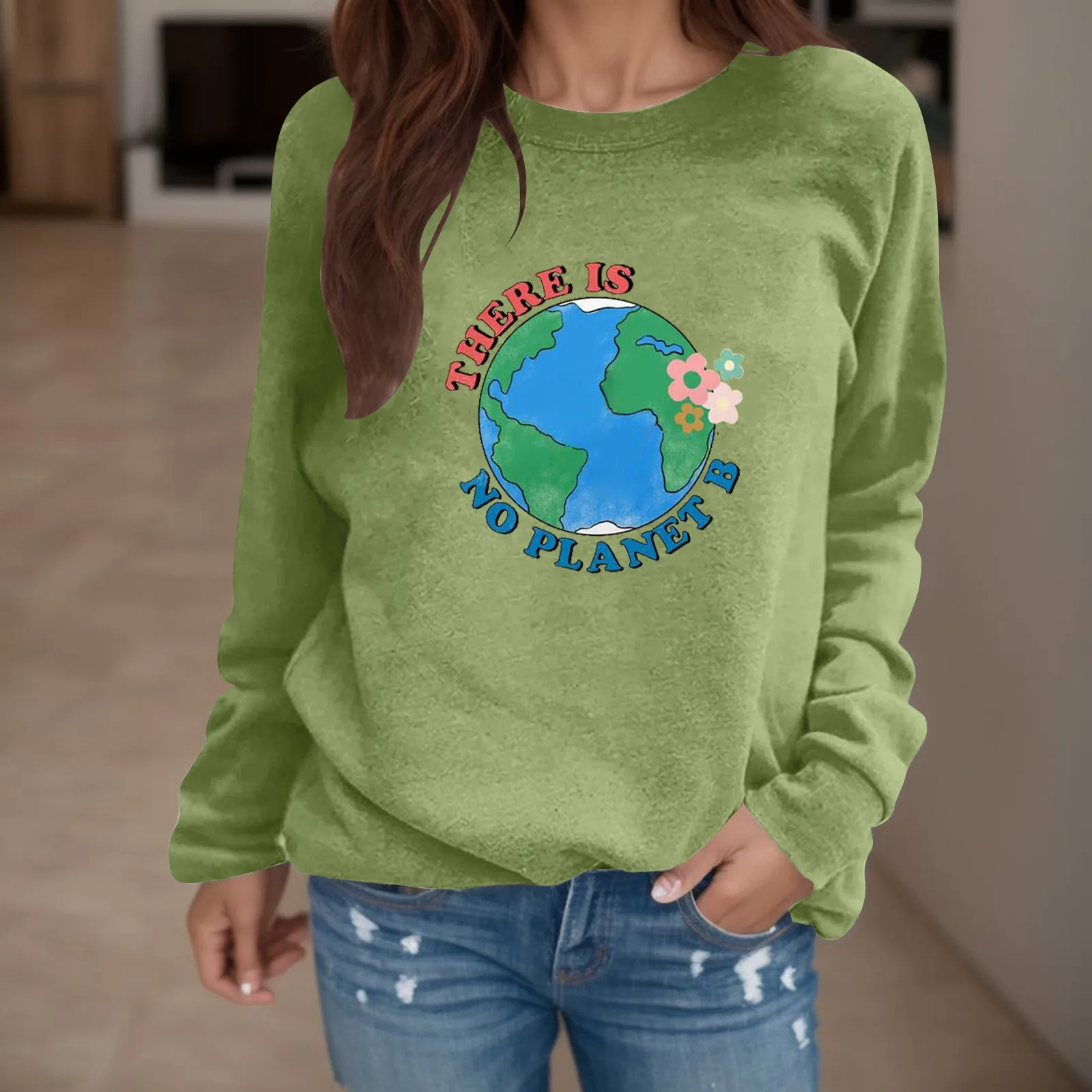 

Women Round Neck Sweatshirts Pullover The Earth Love Peace Print Casual Sweater Loose Fit Autumn Spring Aesthetic Moletom