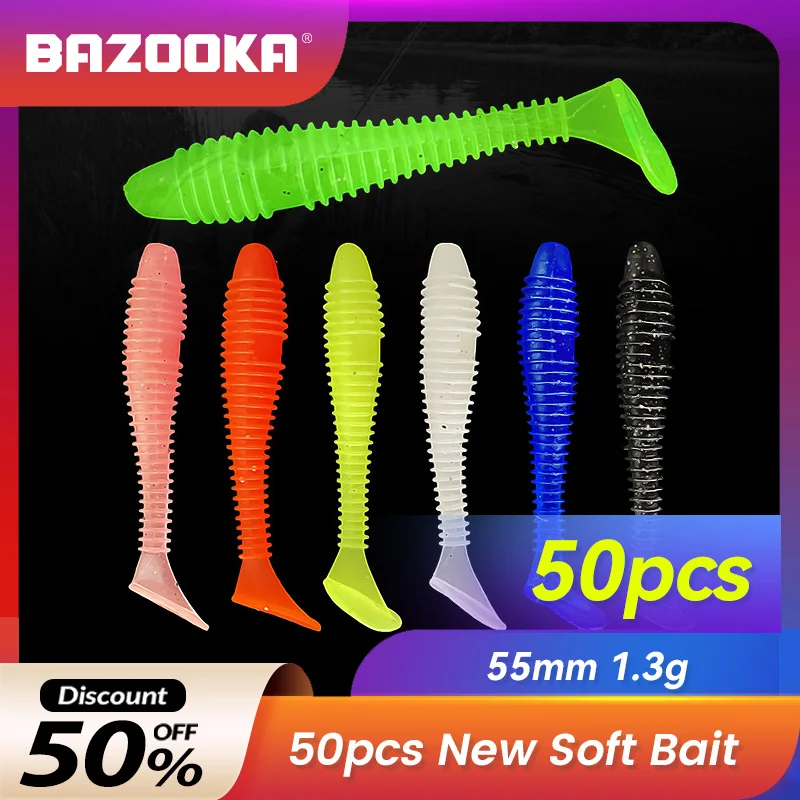 

Bazooka 50pcs Soft Lures Silicone Fishing Bait Easy Shiner Shad Worm Wobblers Swimbait Jig T Tail Tackle Bass Pike Winter