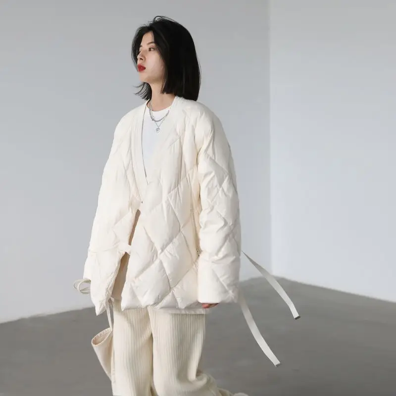 2023 New Winter Women Korean Style White Duck Down Jackets Fashion Casual Warm Loose Solid Long Sleeve Coats Clothing C77