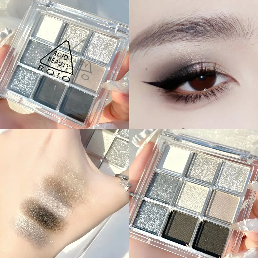 New nine-color smoked eyeshadow black and white gray metallic pearlescent matte silver halloween party eye makeup