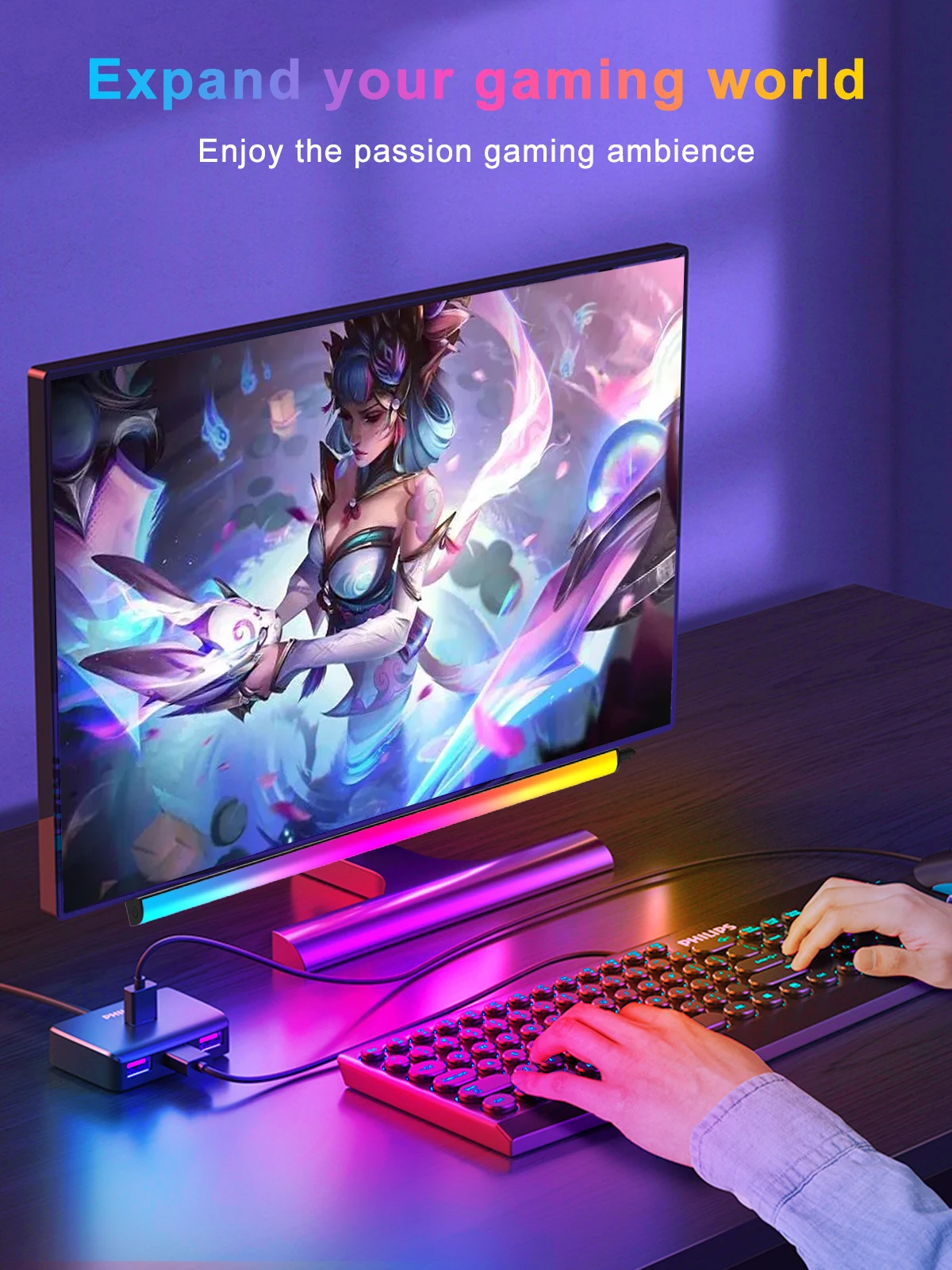 

Световая панель дисплея вниз, световая панель экрана RGB, настольный светильник ПК, светодиодный динамический эффект радуги с регулируемой яркостью, регулируемая яркость,