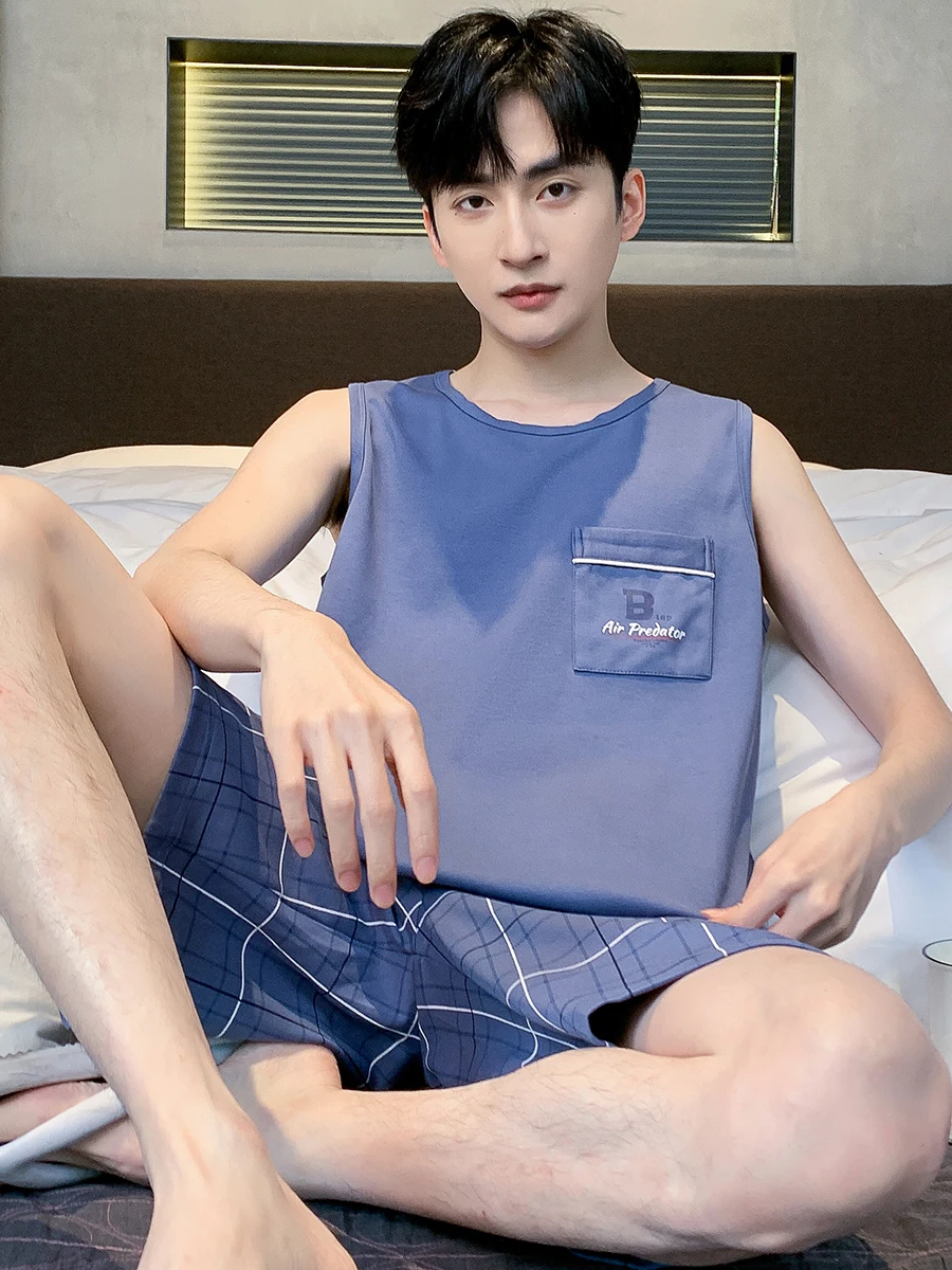 Пижама Мужская Летняя хлопковая Новинка 2024 жилет без рукавов мужские летние