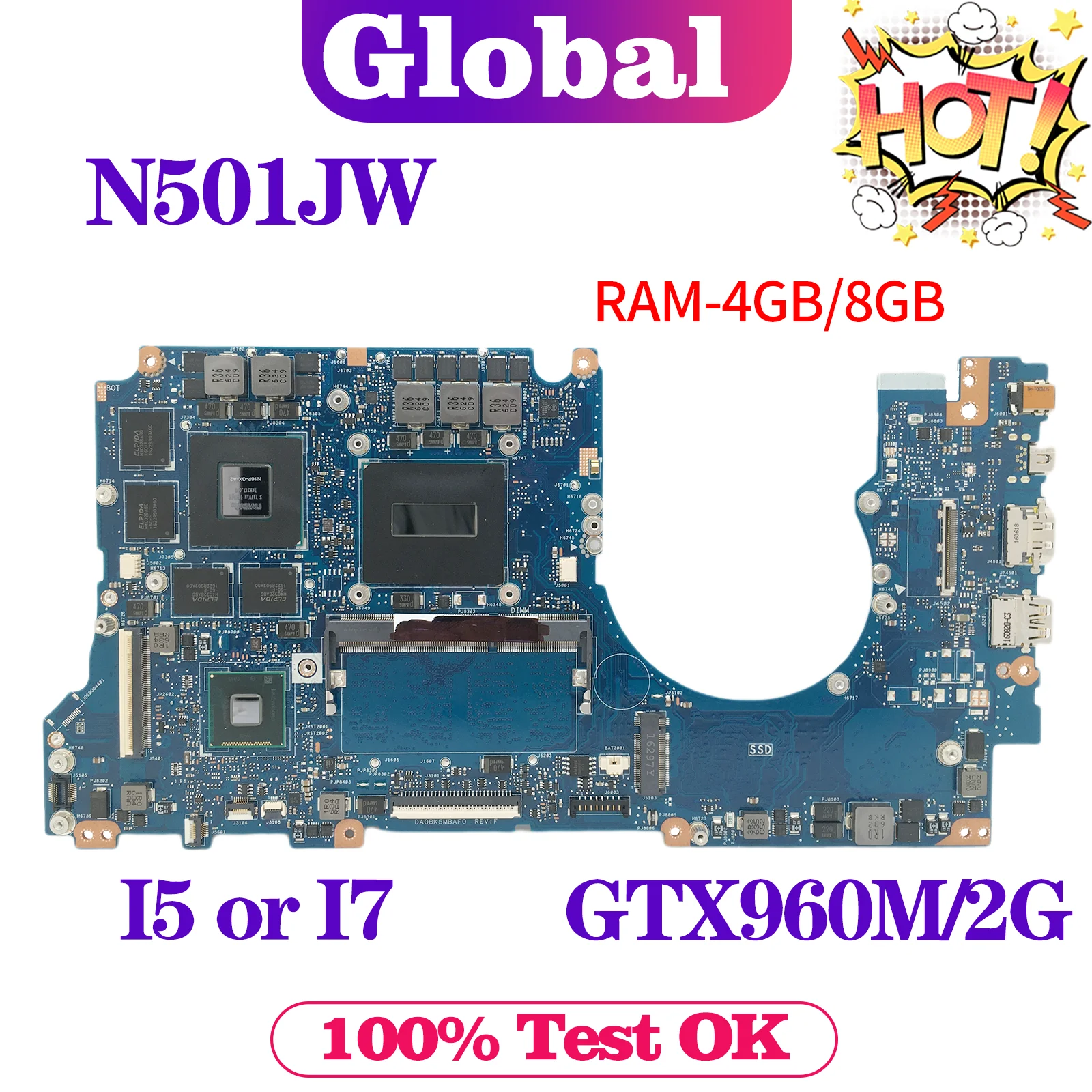 Материнская плата KEFU N501J Материнская плата ASUS N501JW G501J G501JW UX501J UX501JW G60JW для ноутбука I7 GTX960M-2G/V4G 4 ГБ/8GB-RAM