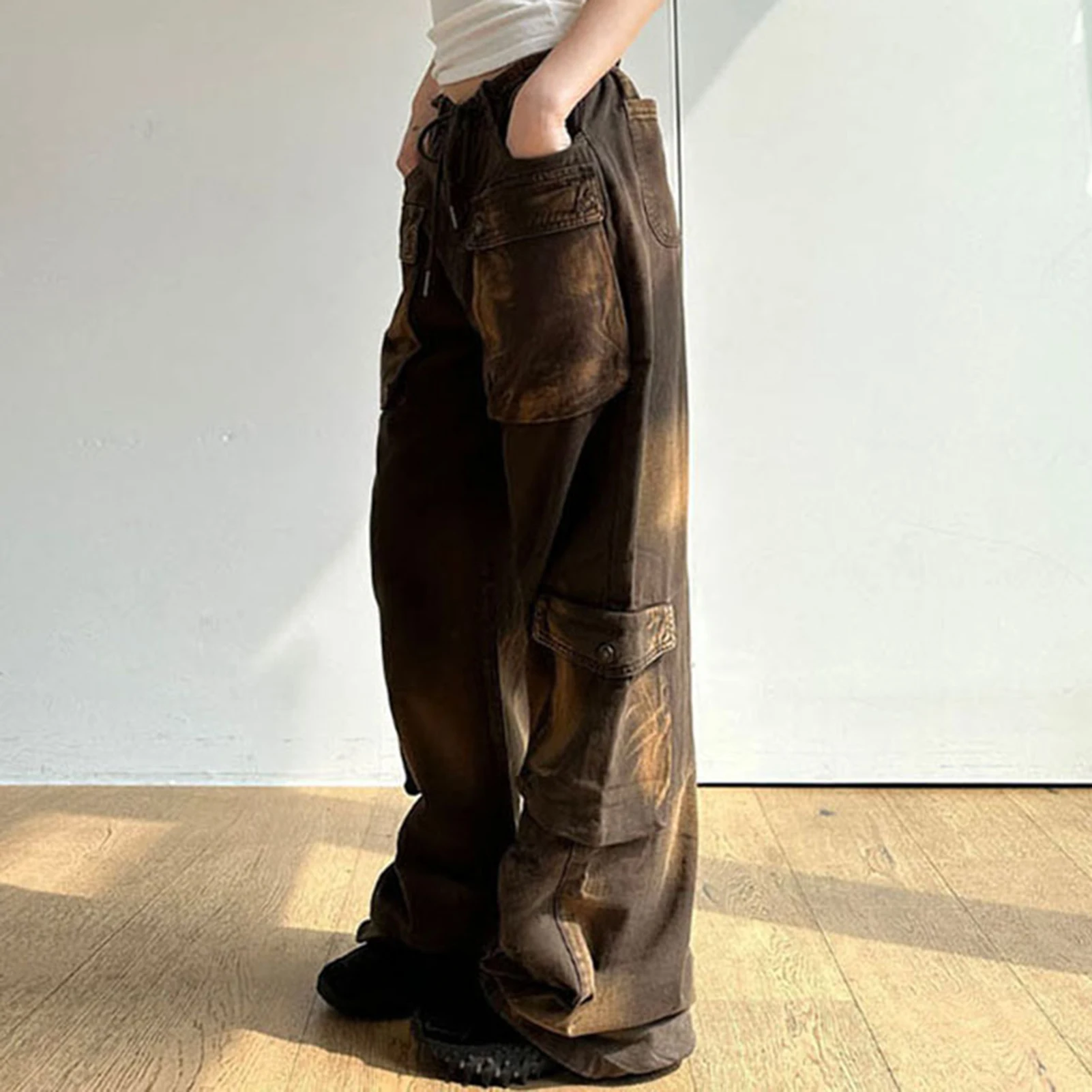 

Женские прямые брюки-трубы с большими карманами, свободные брюки большого размера с заниженной талией и шнуровкой, уличные брюки