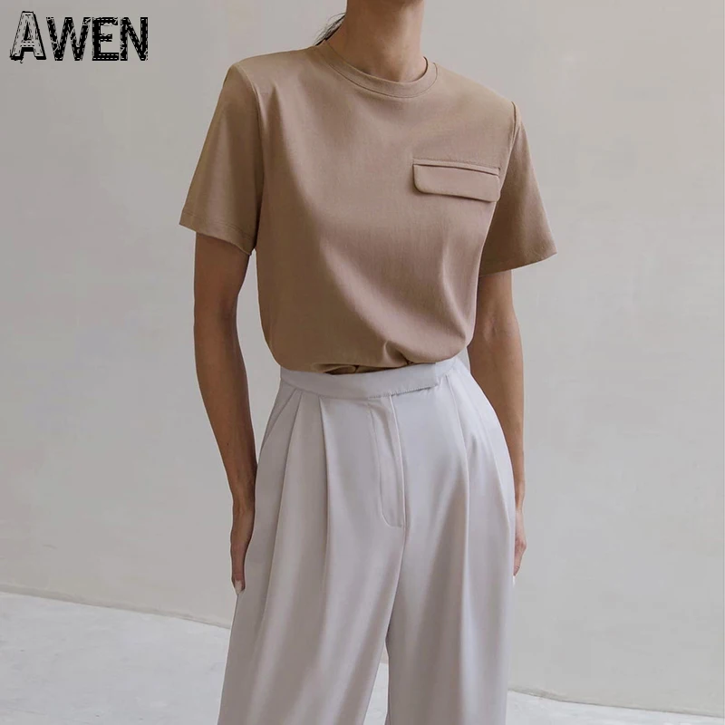 Женская хлопковая футболка с коротким рукавом Awen повседневная Однотонная