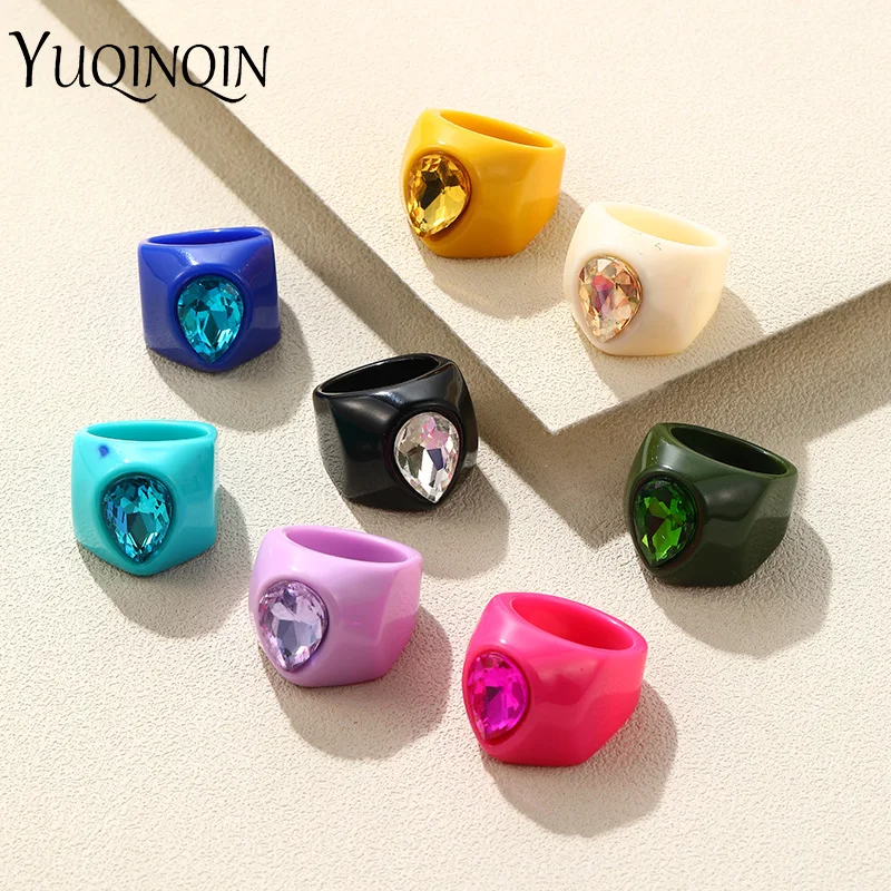 

Vintage Resin Acrylic Rhinestone Rings Set For Women Geometric Big Luxury Finger Rings Female Trendy Punk Goth Exaggerated Gifts