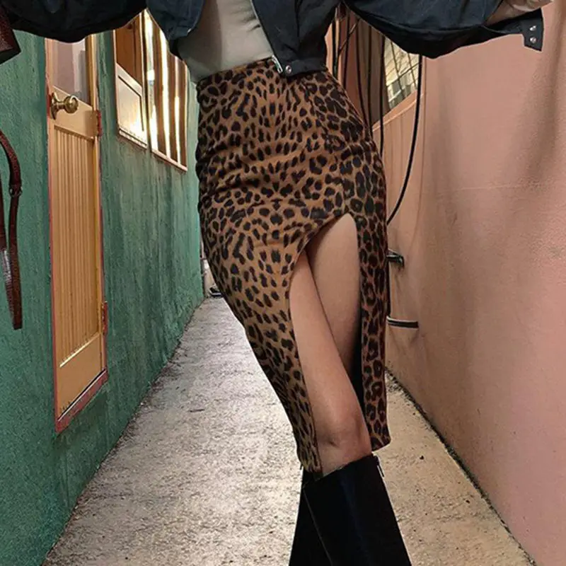 

HOUZHOU Sexy Split Leopard Print Midi Skirt Women Korean Fashion High Waist Asymmetrical Pencil Skirt Vintage Elegant Streetwear