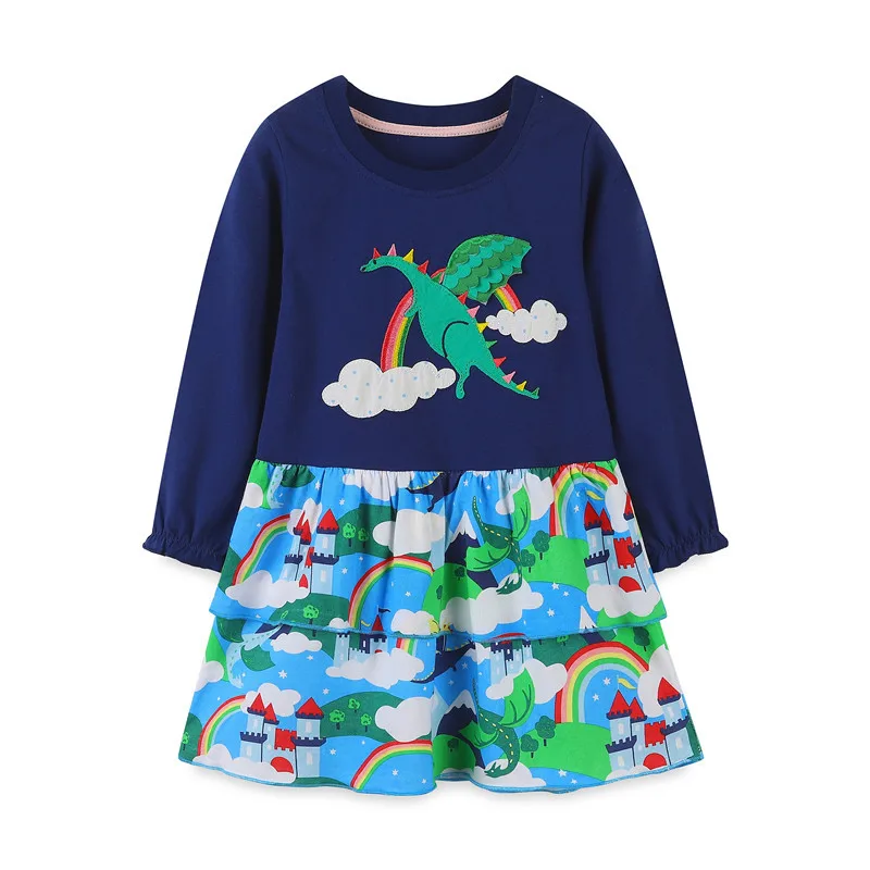 Jumping Meters Princess Girls Dresses Applique Cotton Autumn Spring Long Sleeve Children's Clothes Dragon Toddler Frocks Costume