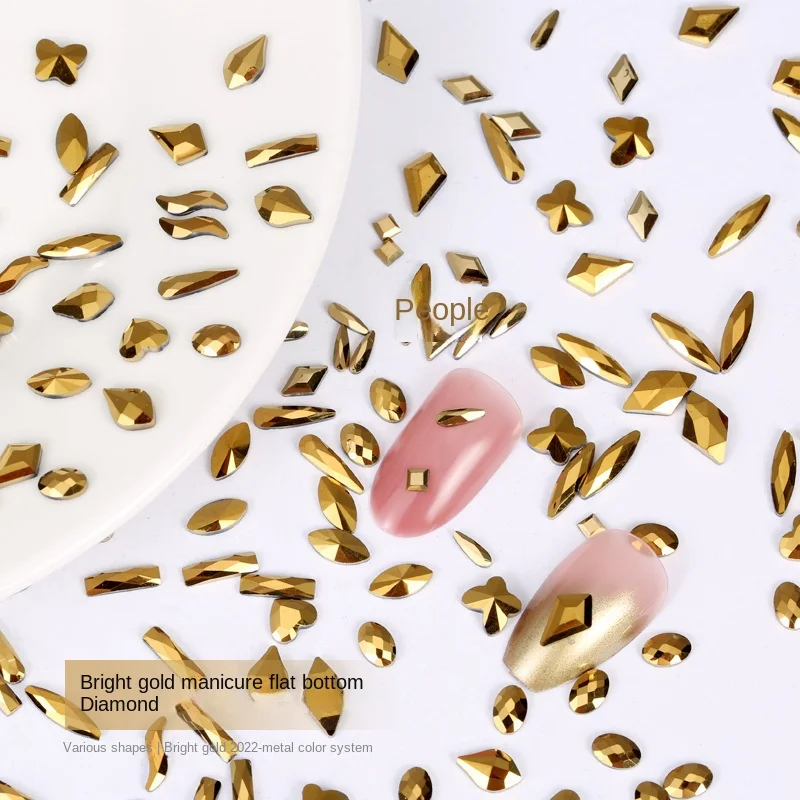 

Mixed 50/100pcs electroplated bright gold glass flat bottom nail enhancement with irregular diamond DIY nail decoration accessor