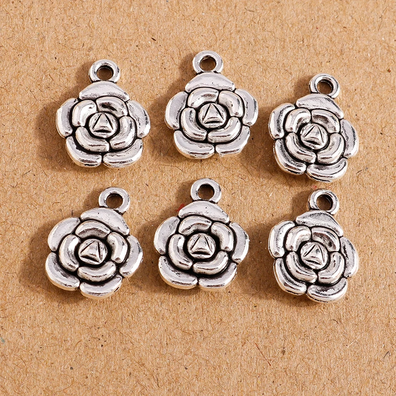 

20pcs 12x15mm Retro Silver Color Alloy Flower Charms for Jewelry Making Cute Drop Earrings Pendants Necklaces DIY Craft Supplies