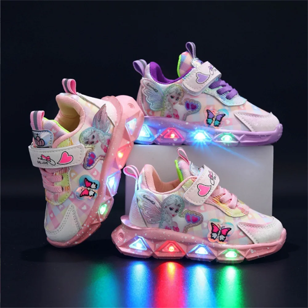 

Disney LED Casual Sneakers Pink Purple For Spring Girls Frozen Elsa Princess Print Outdoor Shoes Children Lighted Non-slip Shoes