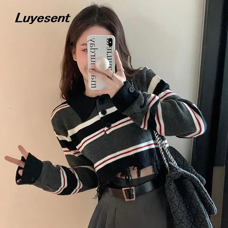 

Женский винтажный полосатый короткий свитер, Осенний Женский пуловер-поло с полосатыми бахромой и длинным рукавом, свитеры, вязаный укороч...