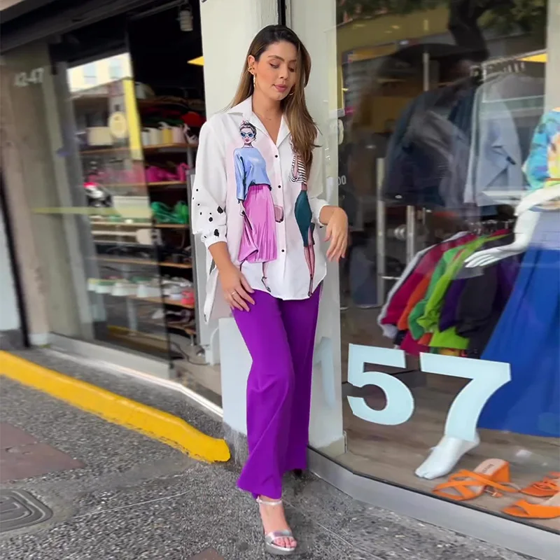 

Women's Casual Suit 2023 New Temperament, Thin Lapel Shirt, High-waisted Straight-leg Trousers Two-piece Set