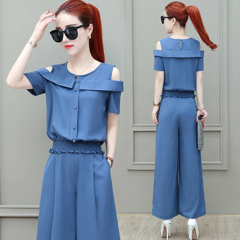 

Женский костюм с открытыми плечами, однотонный комплект из двух предметов, укороченный топ на бретельках и широкие брюки-клеш в Корейском с...