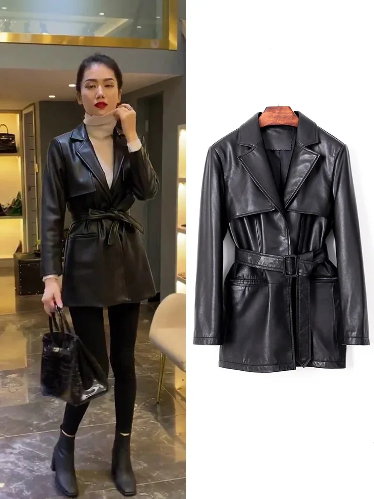 

Genuine leather jacket Women's mid length trench coat 2023 spring new slim fitting and fashionable waistband sheep skin