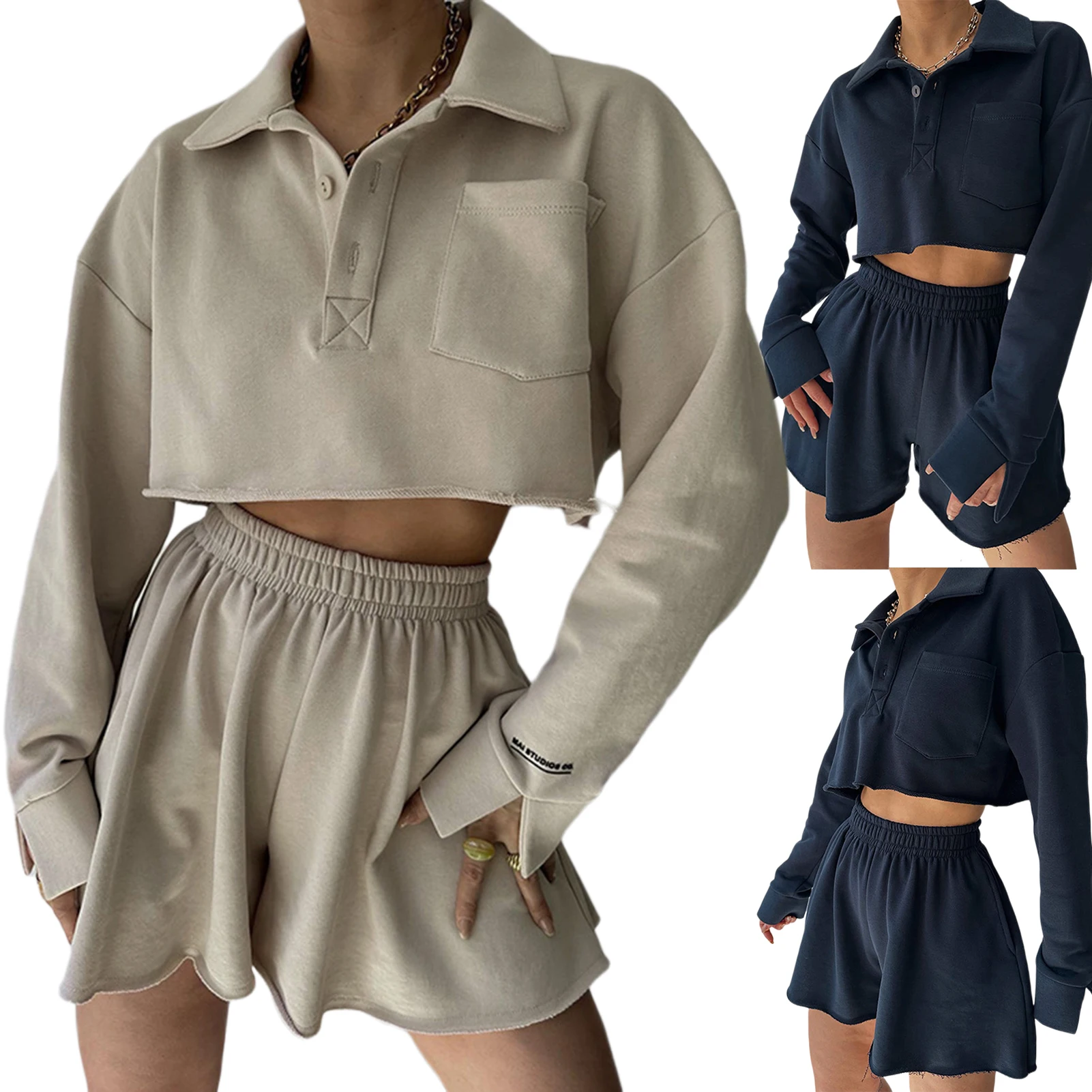 

Solid Colour Casual Hoodies Sweatshirt Turn-down Collar Long Sleeve Flare Pants Short Sets Fashion Slim Fit Sports 2 Piece Suit