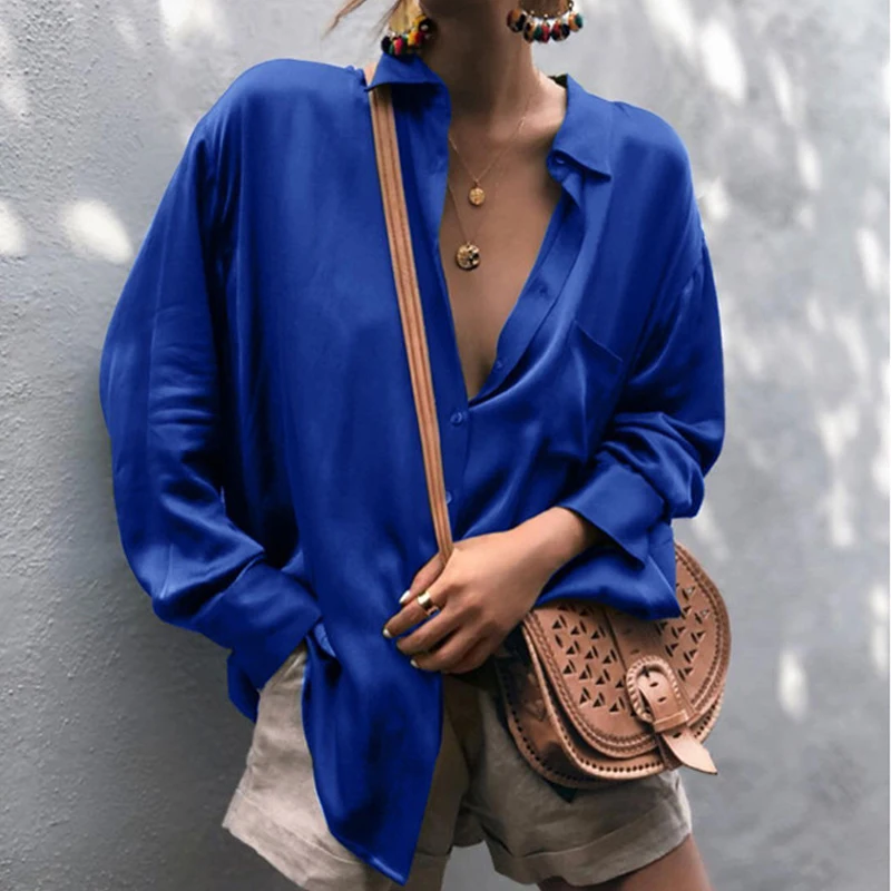 

2023 модная женская одежда с карманами, свободная рубашка, Повседневная Блузка с отложным воротником, Женские топы с длинным рукавом на весну ...